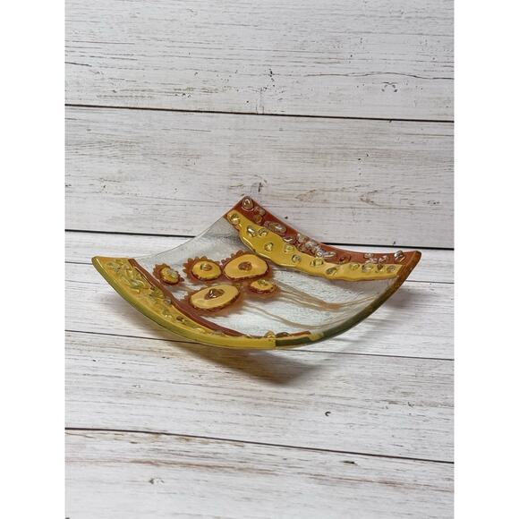 GLASS ART TRINKET TRAY- yellow, flowers, handmade. ESTERNO - Picture 4 of 4